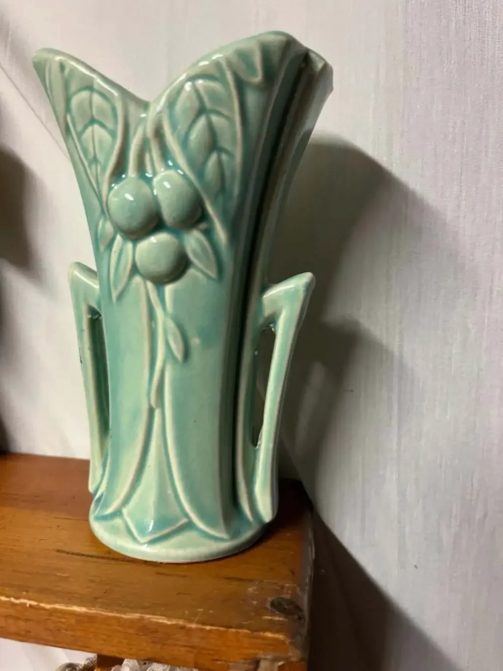 Vintage McCoy Pottery Turquoise Vase with Leaf and Berry Relief